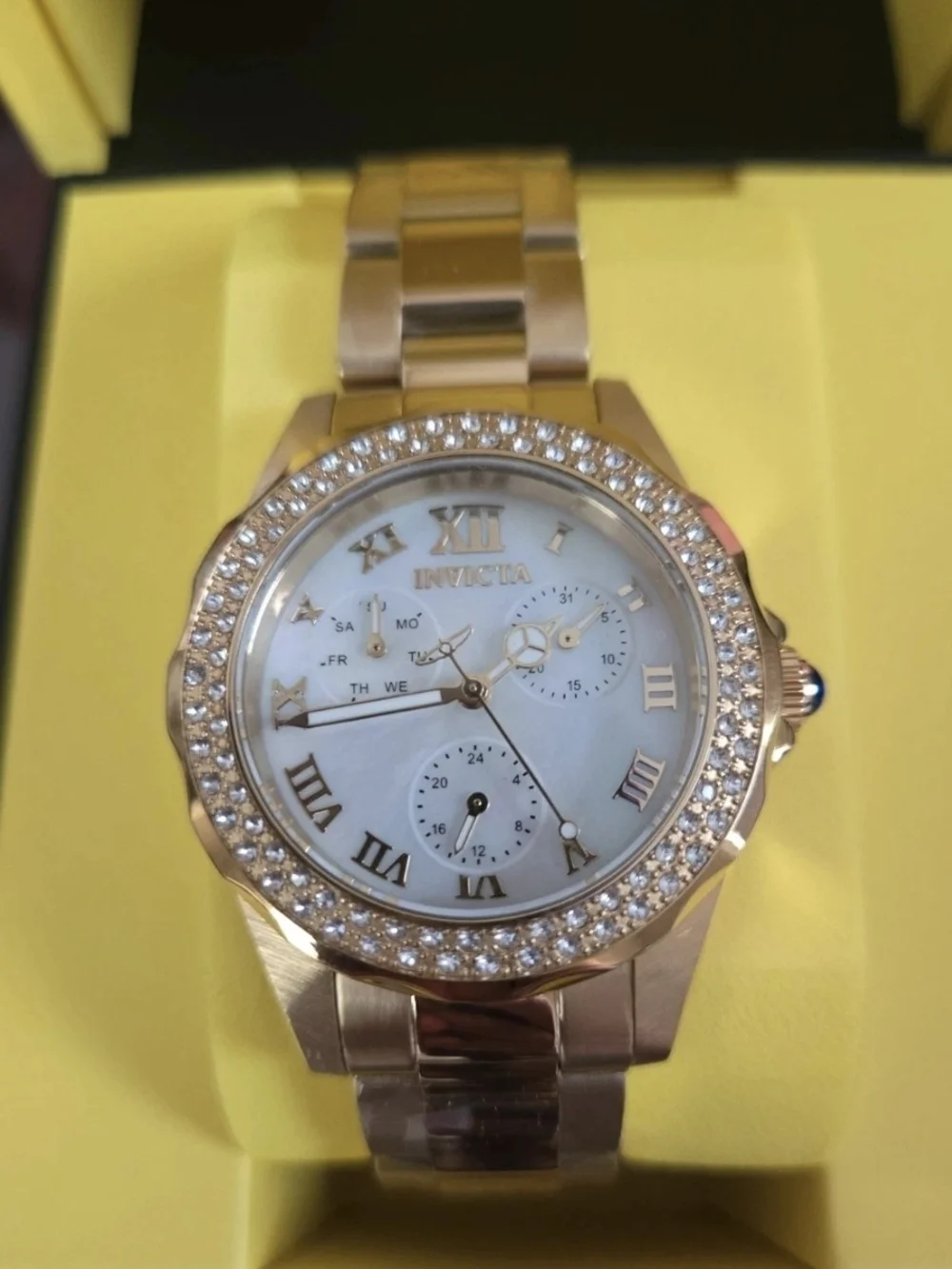 28438 Invicta Angel AustrianCrystal Bezel Watch Mother of Pearl Dial Womens 38mm